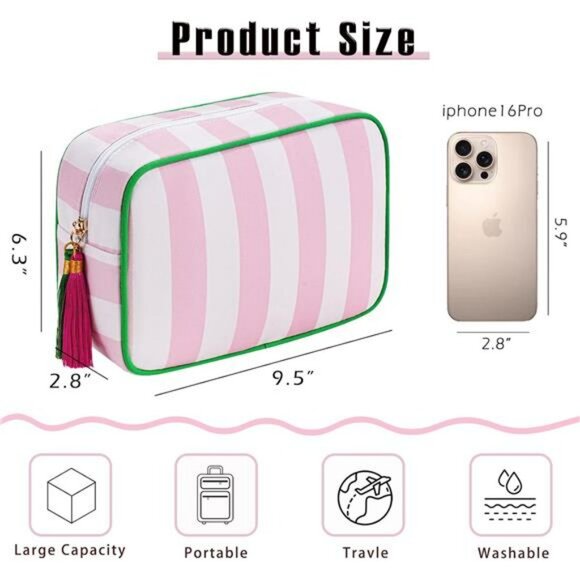 Large stripe canvas makeup bag tassel travel cosmetic toiletry storage bag pink - Picture 3 of 7